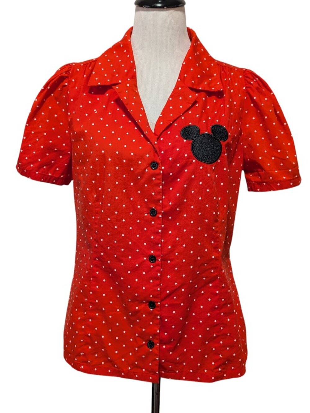 Disney Unique Vintage Womens Sz L/10-12 Red Polka Dot Puff Sleeve Button Up Top